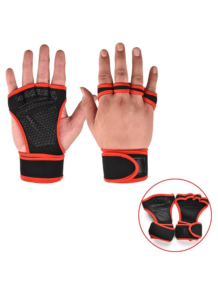Unisex non-slip elastic training gloves for weightlifting and cycling, featuring black and red design for palm protection.